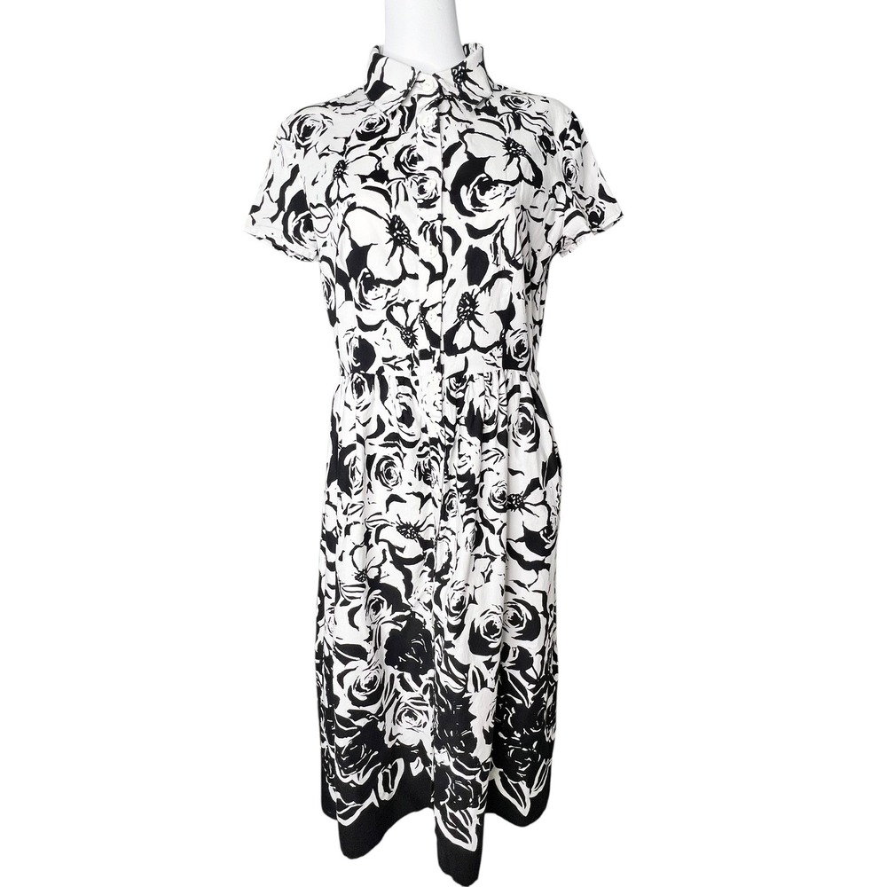 Jessica Howard‎ Black White Floral Shirt Dress Sz 12 Button Front Parisian Chic